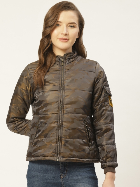 

Duke Women Olive Green & Charcoal Grey Camouflage Printed Padded Jacket