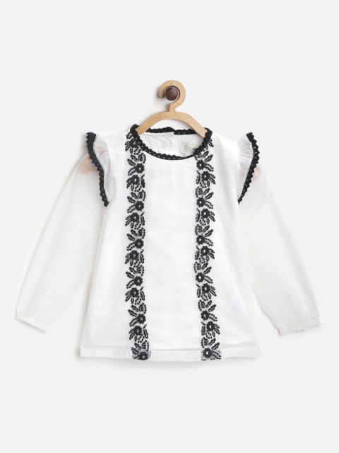 

Cherry Crumble Girls White & Black Embroidered Self Design Top