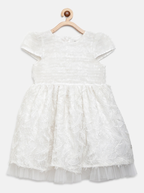 

Cherry Crumble Girls White Self Design Fit and Flare Dress