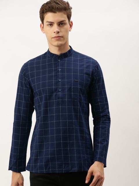 

Peter England Men Navy Blue & White Checked Straight Kurta