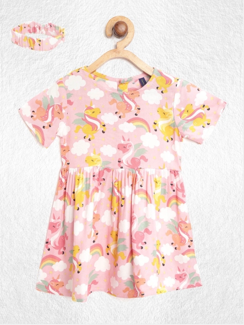 

YK Girls Pink & White Unicorn Print Fit & Flare Dress with Hairband