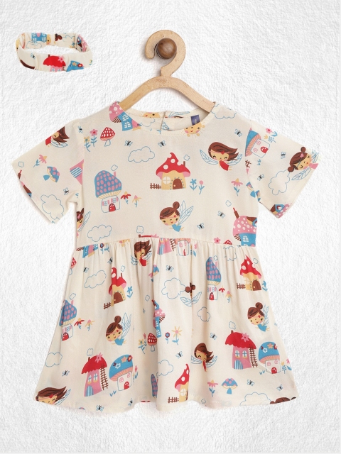 

YK Girls Beige Printed Fit & Flare Dress with Hairband