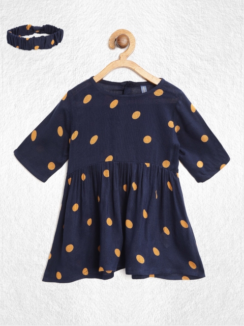 

YK Girls Navy Blue & Mustard Yellow Polka Dot Print Fit & Flare Dress with Hairband