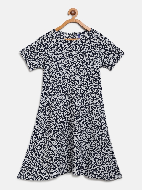 

YK Girls Navy Blue & White Printed A-Line Dress