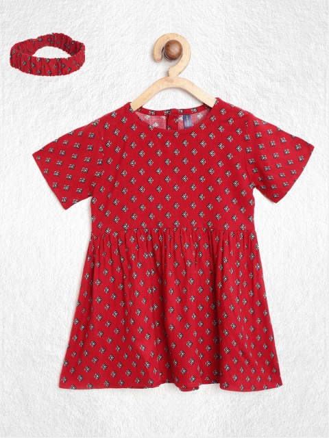 

YK Girls Red & Black Geometric Print Fit & Flare Dress with Hairband