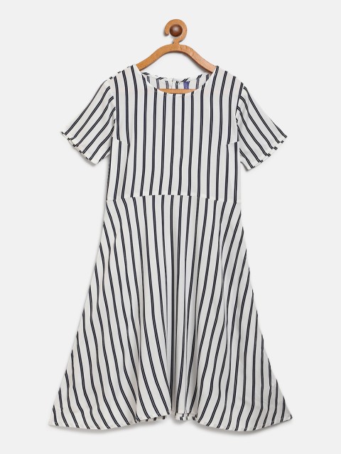 

YK Girls White & Navy Striped A-Line Dress