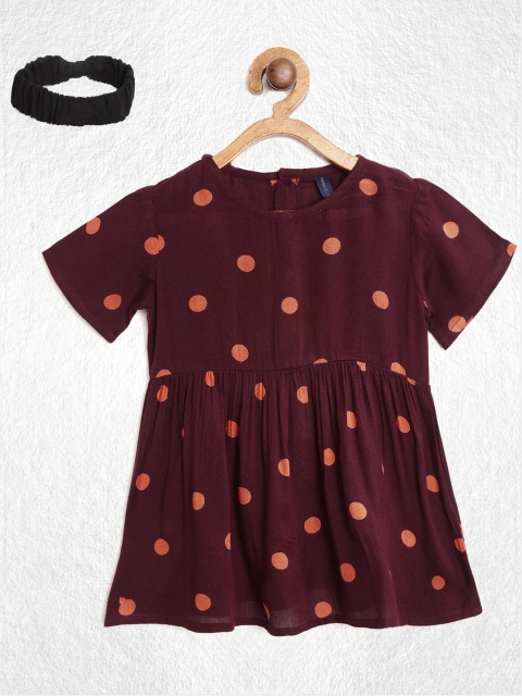 

YK Girls Burgundy & Orange Polka Dot Print Fit & Flare Dress with Hairband