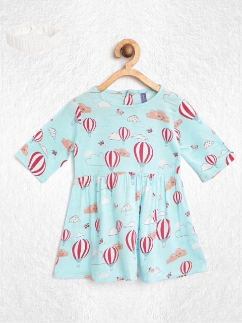

YK Girls Blue & Red Hot Air Balloon Print Fit & Flare Dress with Hairband