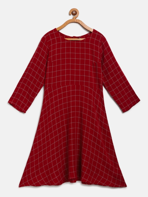 

YK Girls Maroon & Off-White Checked A-Line Dress