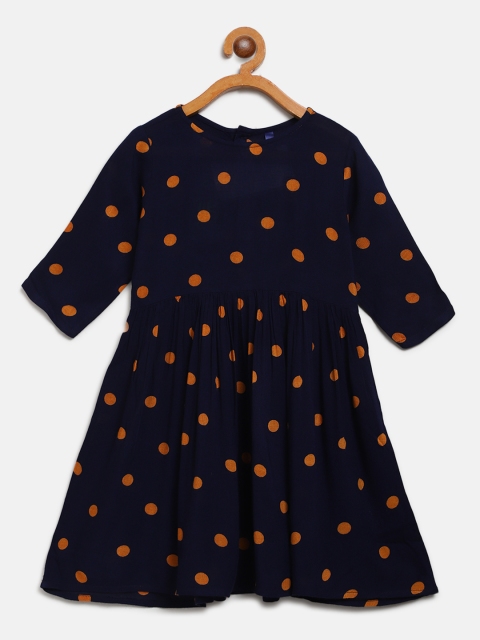 

YK Girls Navy Blue & Mustard Yellow Polka Dot Print A-Line Dress