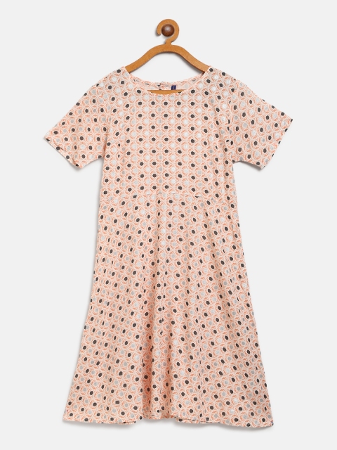 

YK Girls Peach-Coloured & Off-White Ethnic Print A-Line Dress