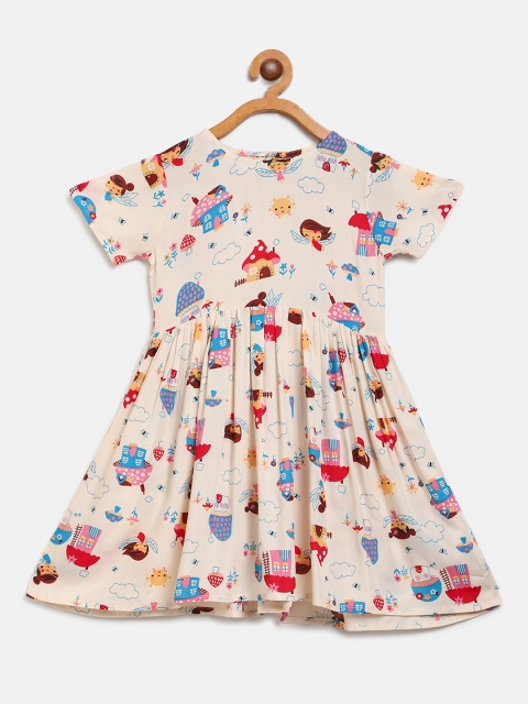 

YK Girls Cream-Coloured & Blue Conversational Print Fit & Flare Dress
