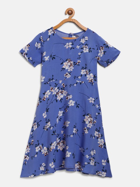 

YK Girls Blue & White Floral Print A-Line Dress