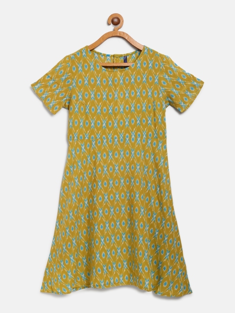 

YK Girls Mustard Yellow & Blue Ethnic Print A-Line Dress