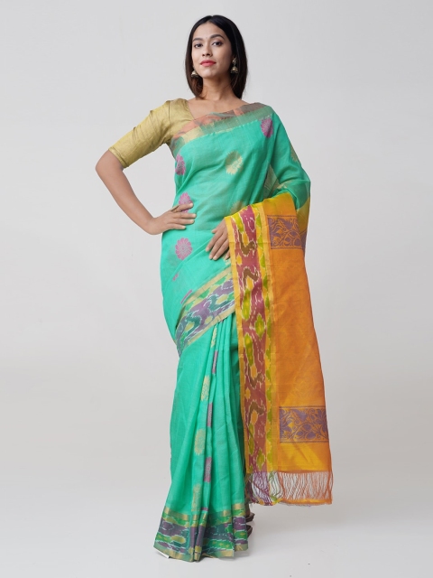 

Unnati Silks Sea Green & Yellow Silk Cotton Woven Design Handloom Kanjeevaram Sustainable Saree