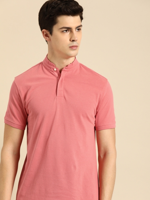 

ether Men Pink Solid Mandarin Collar T-shirt