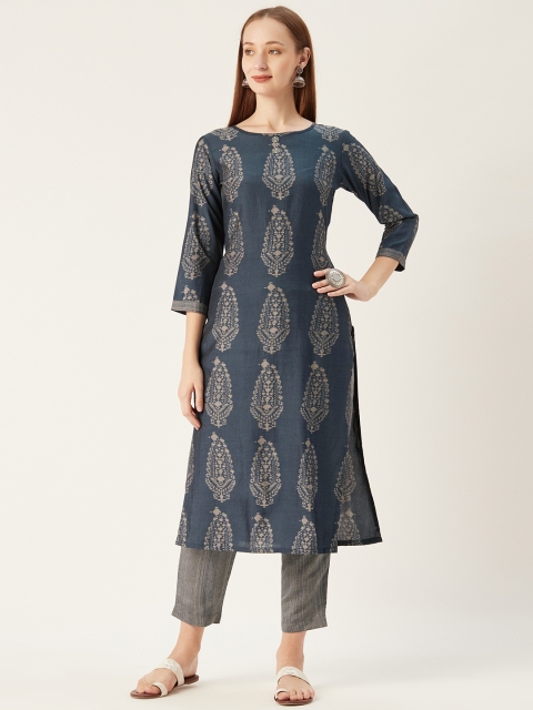 

shiloh Women Navy Blue & Grey Paisley Print Kurta with Trousers