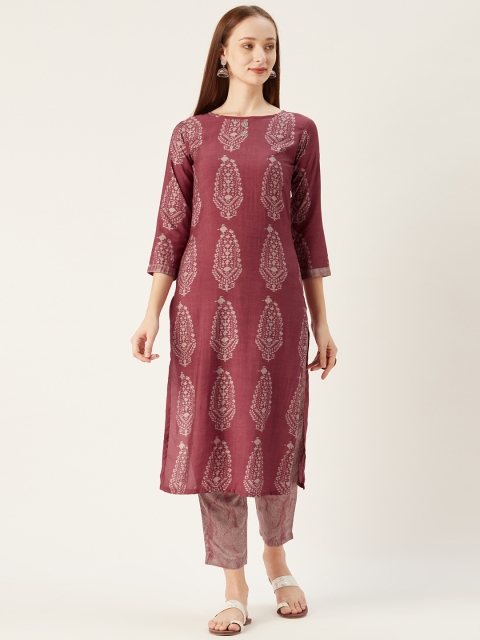 

shiloh Women Maroon & Grey Paisley Print Kurta with Trousers