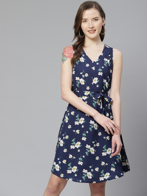 

SIRIKIT Women Navy & White Floral Print A-Line Dress, Navy blue