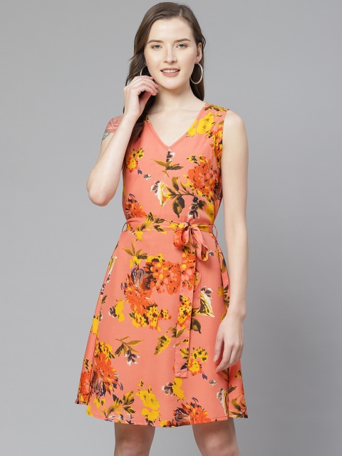 

SIRIKIT Women Peach-Coloured & Yellow Floral Print A-Line Dress