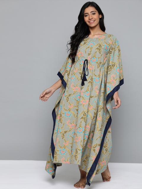 

HERE&NOW Olive Green & Yellow Floral Print Kaftan Maxi Nightdress with Tie-Ups