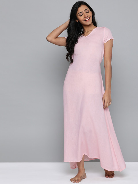 

HERE&NOW Pink Solid Maxi Nightdress with Waist Tie-Ups