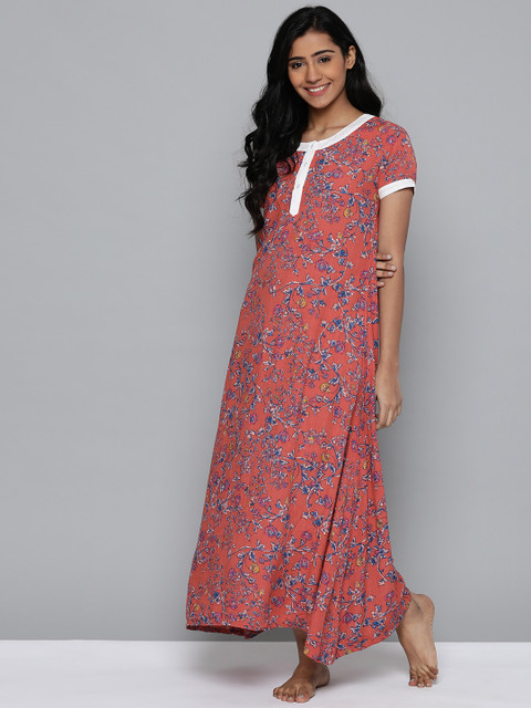 

HERE&NOW Peach-Coloured & Navy Blue Floral Print Maxi Nightdress