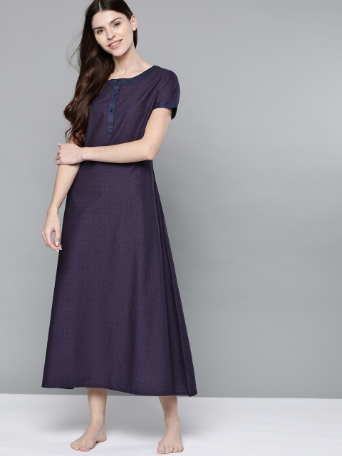 

HERE&NOW Navy Blue & Rust Orange Printed Maxi Nightdress
