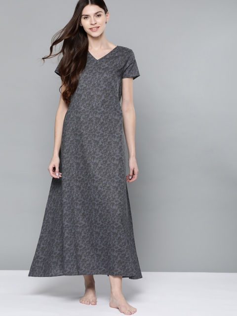 

HERE&NOW Charcoal Grey & Black Printed Maxi Nightdress