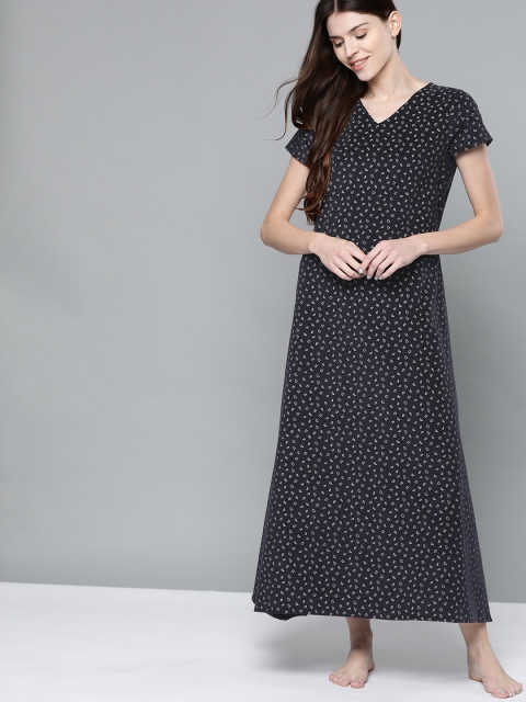 

HERE&NOW Navy Blue & White Printed Maxi Nightdress