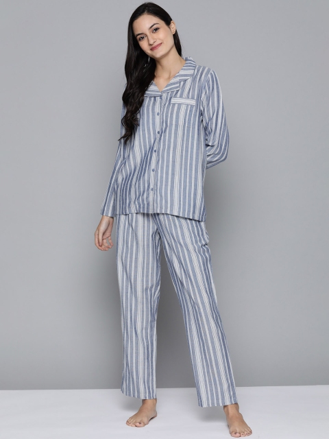 

HERE&NOW Women Blue & White Striped Night suit