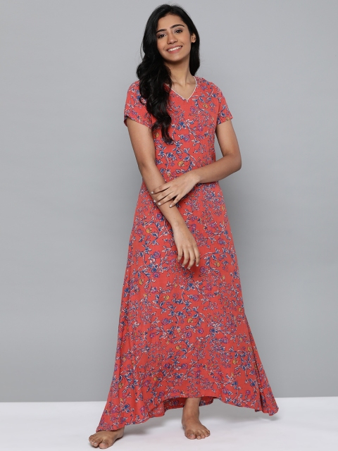 

HERE&NOW Peach-Coloured & Navy Blue Floral Print Maxi Nightdress