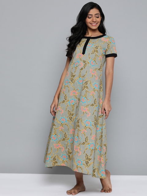 

HERE&NOW Green & Pink Printed Maxi Nightdress