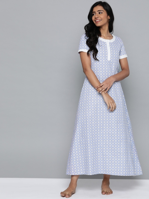 

HERE&NOW Blue & White Ethnic Print Maxi Nightdress