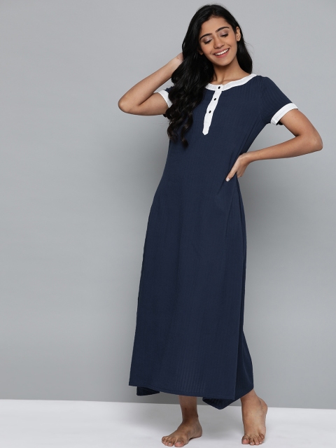 

HERE&NOW Navy Blue Self Striped Maxi Nightdress