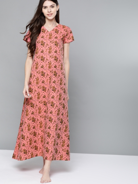 

HERE&NOW Peach-Coloured & Olive Brown Floral Printed Maxi Nightdress