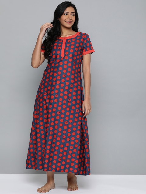 

HERE&NOW Blue & Red Polka Dot Print Maxi Nightdress