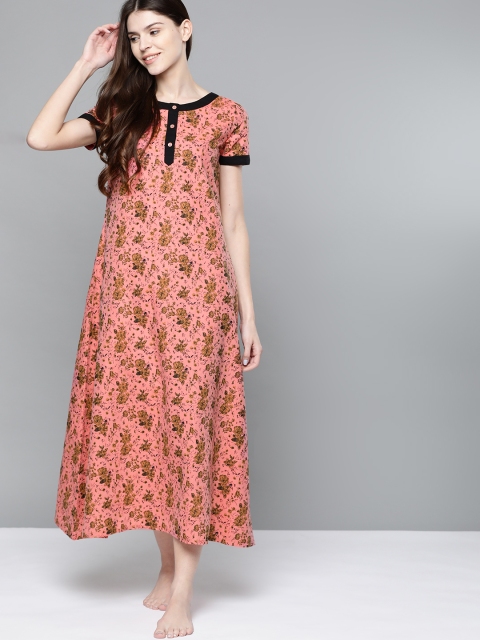 

HERE&NOW Peach-Coloured & Olive Brown Floral Printed Maxi Nightdress