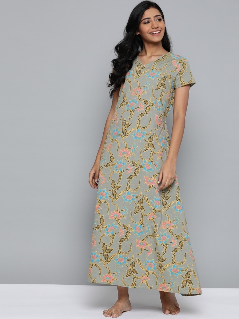 

HERE&NOW Green & Pink Floral Print Maxi Nightdress