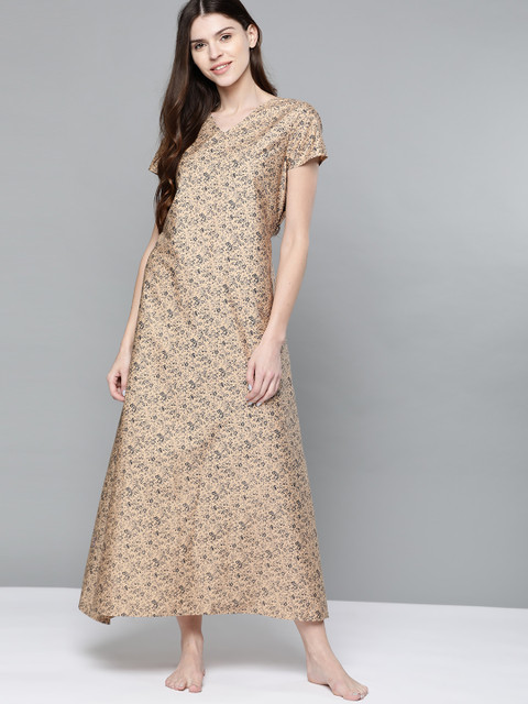 

HERE&NOW Beige & Black Printed Maxi Nightdress