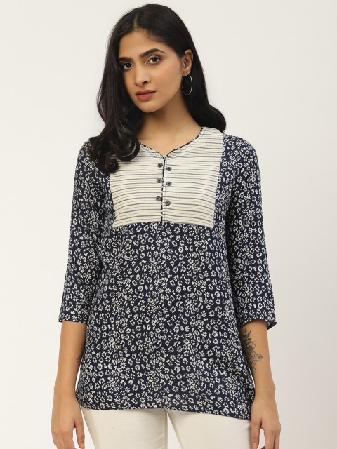 

Cottinfab Women Navy Blue & Off-White Floral Printed Top