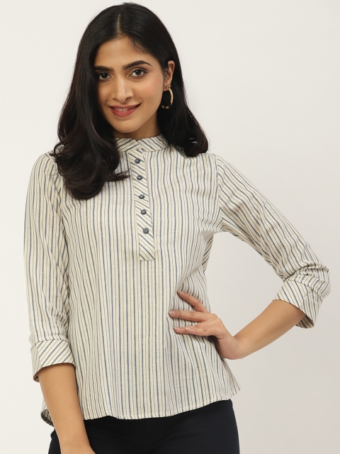 

Cottinfab Women Off-White & Blue Striped Shirt Style Pure Cotton Top