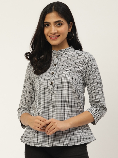 

Cottinfab Women Black & White Checked Pure Cotton Shirt Style Top