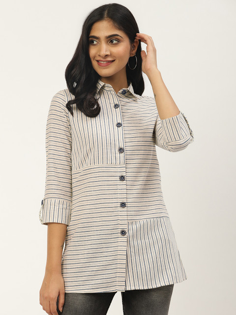

Cottinfab Women Off-White & Navy Blue Regular Fit Striped Smart Casual Shirt