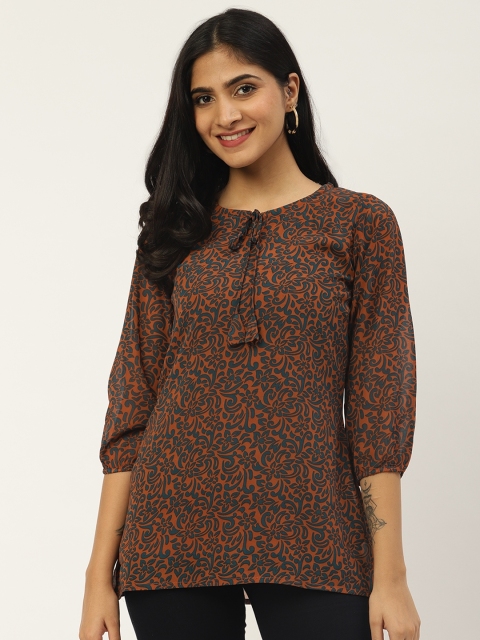 

Cottinfab Women Brown & Green Floral Print A-Line Top