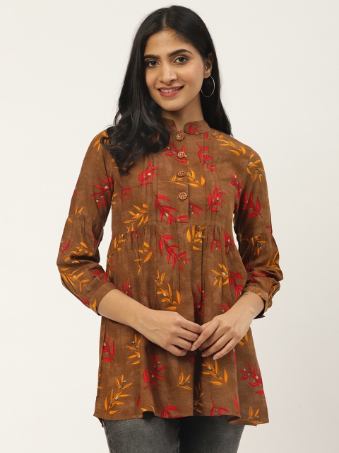 

Cottinfab Women Brown & Red Tropical Print A-Line Top