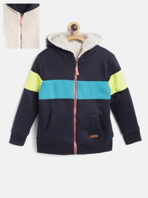 

Cherry Crumble Kids Off-White Navy Blue Colourblocked Reversible Hooded Sweatshirt