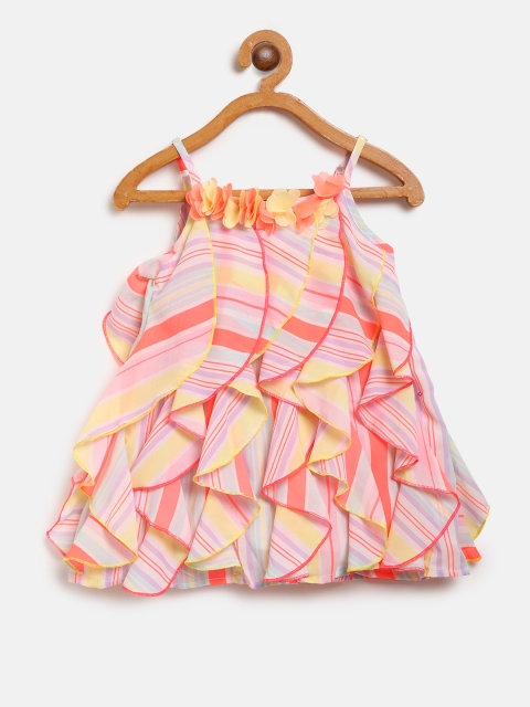 

Nauti Nati Girls White & Coral Pink Striped Ruffled A-Line Dress