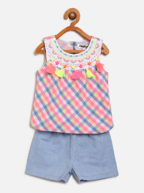 

Nauti Nati Girls Pink & Blue Checked Styled Back Top with Solid Shorts