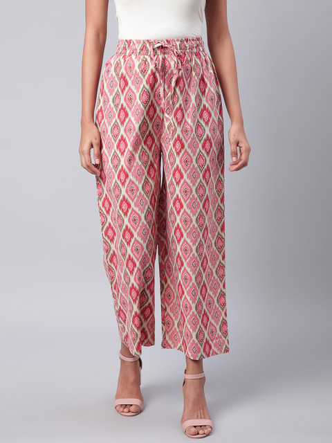 

Sringam Women Pink & Off-White Printed Wide Leg Palazzos